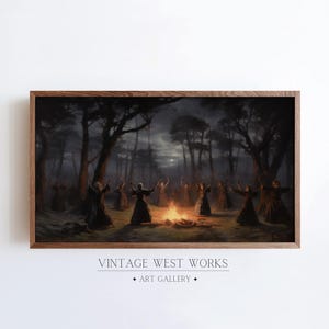 Witches Forest Ritual Frame TV Art, Witches Dancing Around Fire Oil Painting, Gothic Witches TV Art, Halloween Decor, Digital Download Art