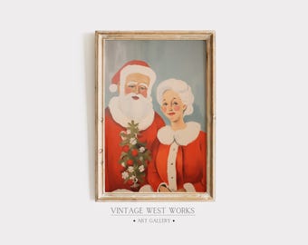 Cute Mr. and Mrs. Claus Portrait Art Print | Santa Claus And Mrs. Claus Mid-Century Modern Oil Painting | Christmas Decor | Digital Download