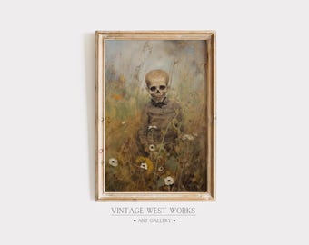 Muted Floral Meadow Zombie | Spooky Zombie in Wildflower Field Soft Tone Oil Painting | Halloween Home Decor | Printable Digital Download