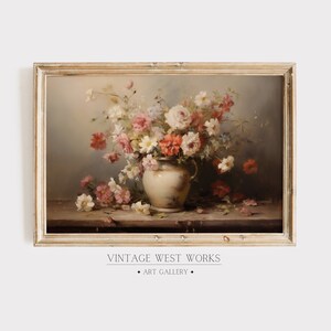 Pittura a olio di natura morta botanica vintage / Stampa artistica di vaso di fiori neutro antico / Arredamento rustico della fattoria / Download digitale stampabile