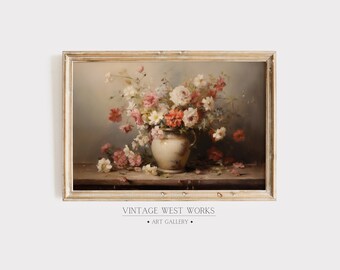 Vintage Botanical Still Life Oil Painting | Antique Neutral Flower Vase Art Print | Rustic Farmhouse Decor | Printable Digital Download