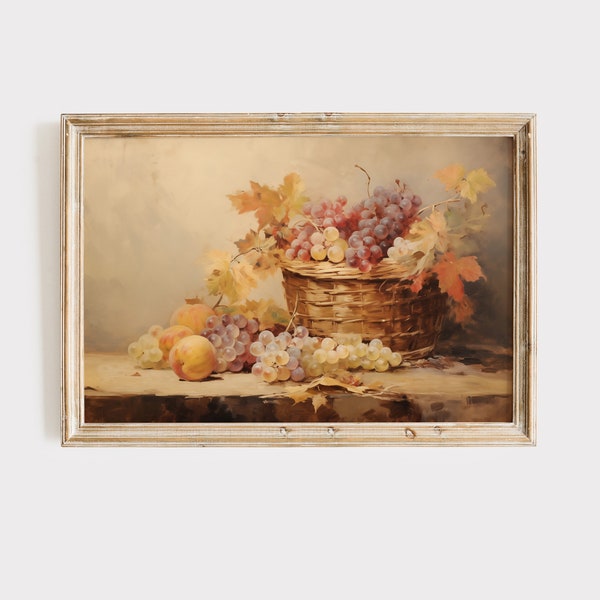 Vintage Fruit Basket Art Print | Old European Fruit Still Life Oil Painting | Warm Tone Fall Season Home Decor | Printable Digital Download