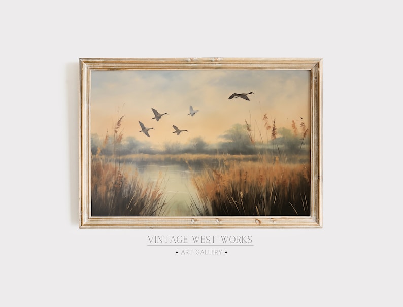 Flying Wild Ducks Art Print | Muted Ducks Over Lake Landscape Oil Painting | Vintage Wildlife Autumn Home Decor | Printable Digital Download