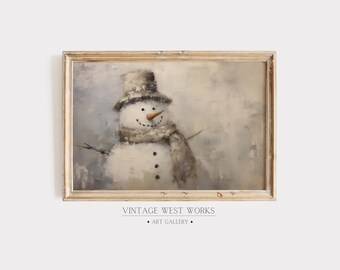 Impresión artística clásica vintage de muñeco de nieve / Pintura al óleo rústica de muñeco de nieve navideño lindo y apagado / Decoración navideña para el hogar / Descarga digital imprimible