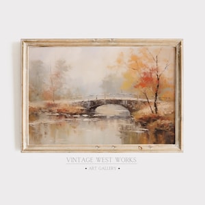Vintage oversteekbrug Art Print | Herfst landschap getextureerde olieverfschilderij | Zachte gedempte brug herfst Home decor | Afdrukbare digitale download