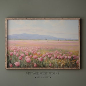 Classic Pink Tulip Field Art Print | Vintage Tulip Landscape Oil ...
