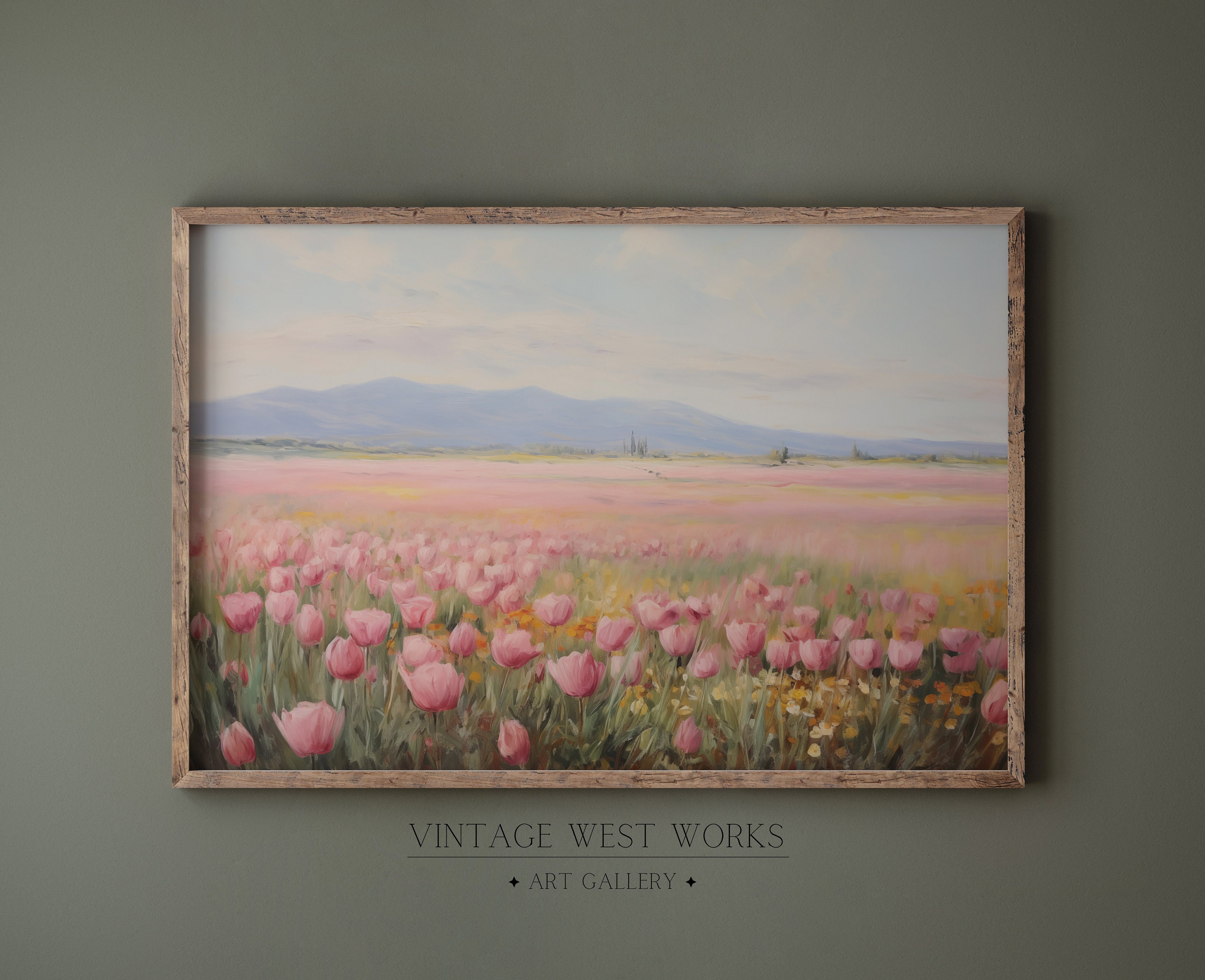 Classic Pink Tulip Field Art Print | Vintage Tulip Landscape Oil ...