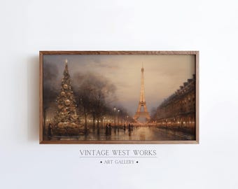 Warm Tone Paris Christmas Samsung Frame TV Art, Christmas Sunset French Realism Oil Painting, Christmas Home Decor, Digital Download TV Art