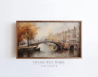 Amsterdam Bridge Frame TV Art, Fall Samsung Frame TV Art, Vintage Autumn Art for Tv, European Town Painting, Digital Download Frame Tv Art