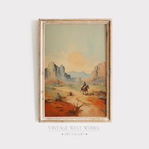 American West Colorful Landscape Art Print | Roaming Cowboy at Sunset Oil Painting | Western Rustic Home Decor | Printable Digital Download