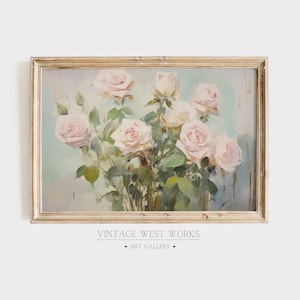 Abstract Pink Roses Art Print | Vintage Pastel Roses Oil Painting | Muted Floral Farmhouse Wall Decor | Printable Digital Download