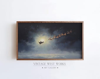 Abstract Flying Santa and Reindeer Frame TV Art, Reindeer Flying in Night Sky Oil Painting, Christmas Home Decor, Digital Download TV Art