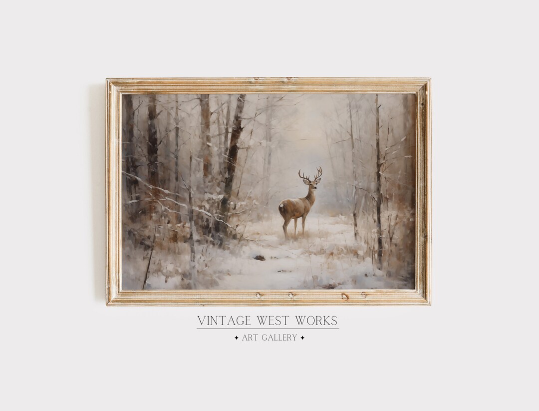 Vintage Woodlands Deer Art Print | Winter Wildlife Landscape Oil ...