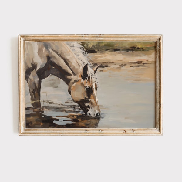 American West Wildlife Brushstrokes Oil Painting | Rustic Horse Drinking Water Art Print | Western House Decor | Printable Digital Download