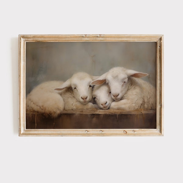 Vintage Three Lambs Manger Art Print | French Realism Sheep Oil Painting | Muted Wildlife Farmhouse Decor | Printable Digital Download