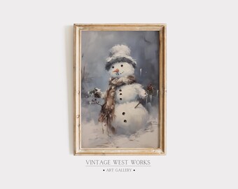 Impresión artística de muñeco de nieve Frosty, adorable / Pintura al óleo de muñeco de nieve de invierno y Navidad vintage / Decoración navideña de invierno para el hogar / Descarga digital imprimible