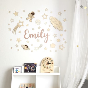Space Theme Wooden Laser Cut - Galaxy Astronaut Rocket Stars Planet Mounting Cutouts Wall Decor for Kids Room Boys Girls - With Name Sign