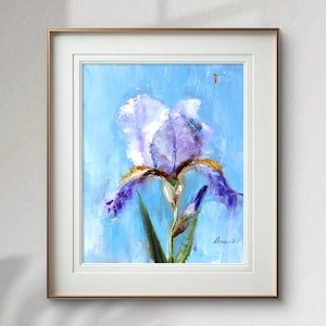 Pintura al óleo texturizada de iris: Decoración floral original para pared, arte con técnica de impasto.