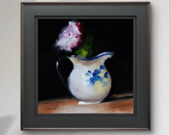 Elegant Peony Oil Painting – Miniature Impasto Floral Still Life