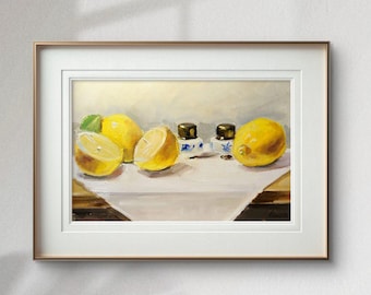 Pintura al óleo de naturaleza muerta con limones vibrantes, arte de pared de cocina con textura de empasto