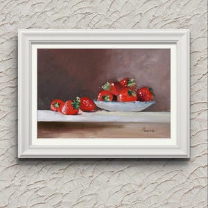 Signed Strawberry Still Life: Tiny Impasto Oil Painting on Hard Board, Original Food Art Wall Decor