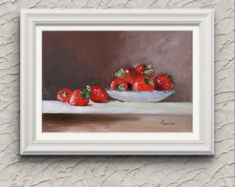 May include: A painting of a white bowl filled with red strawberries on a brown table. The bowl is sitting on a white surface. There are a few strawberries on the table next to the bowl.