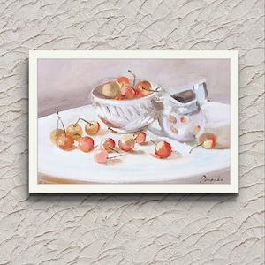 Impasto Oil Cherry Still Life Painting With Fruit Bowl for Dining Room Art