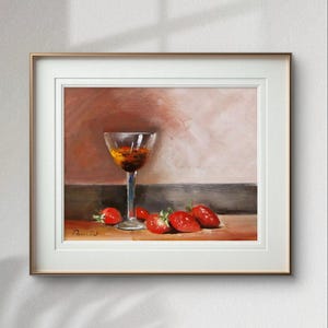 Nature morte aux fraises et au vin signée : peinture à l'huile minuscules empâtements - décoration murale art culinaire originale