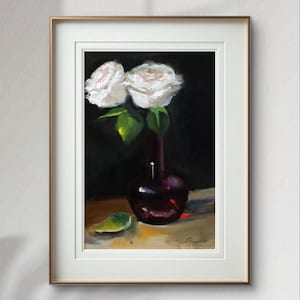 Signed Small Original Impasto White Roses Still Life Painting - Floral Oil Art Piece for Interior Decor
