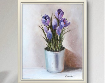 Original Impasto Tulip Blue Wall Art Oil Flower Gift
