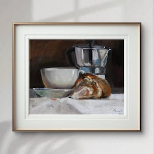 Elegant Mini Still Life Oil Painting: Coffee Maker & Croissant Scene for Dining Room Decor