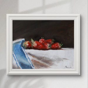 Nature morte aux fraises et au vin signée : peinture à l'huile minuscules empâtements - décoration murale art culinaire originale