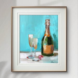 サイン入りインパスト油彩静物画：ダイニングルーム、バーカート、キッチンの壁用の小さなインテリアアート