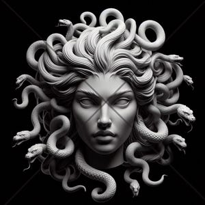 May include: A black and white sculpture of Medusa, a mythical Greek figure with snakes for hair. The sculpture is detailed and realistic, with a focus on the face and hair.