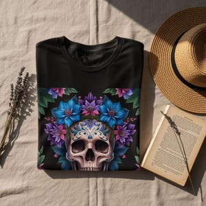 Floral Skull Head Art T-Shirt, Colorful Skull and Flowers Shirt, Artistic Skull Graphic Tee, Unique Gift for Friends and Family