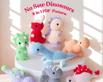 No Sew Dinosaur Crochet Pattern Bundle: 8 Amigurumi Dino PDF Tutorials (Instant Download)