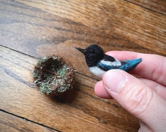 Miniature Needle Felted Magpie In Nest