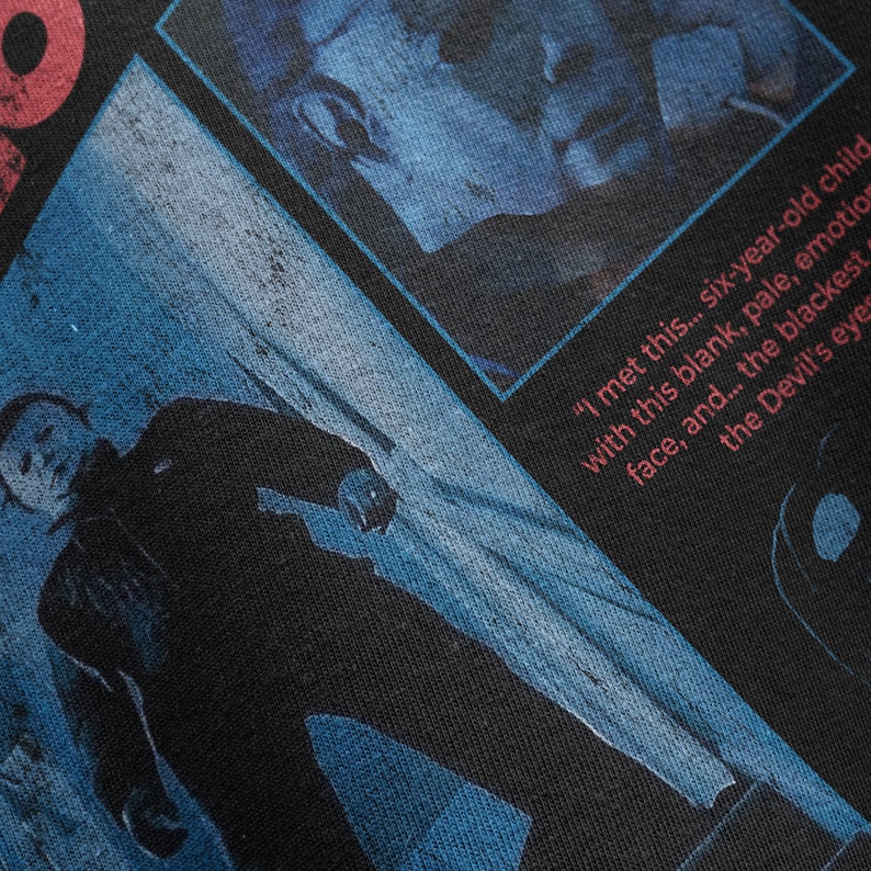 Close up image of the black Halloween 1978 t-shirt showcasing the detailed vintage style graphic of Michael Myers from the classic horror movie directed by john carpenter