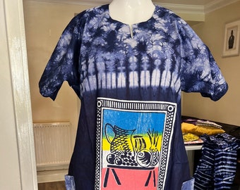 Adire Screen Print BouBou Bubu Nigerian African Gown Dress - blue