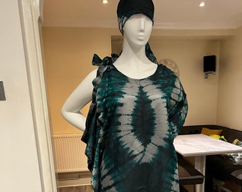 Soie Adire - Robe africaine nigériane à une manche nouée épaule BouBou Bubu - Vert sarcelle tie-dye