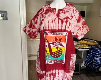 Adire Screen Print BouBou Bubu Nigerian African Gown Dress - red