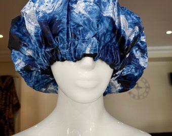 Blue African Print Satin Lined Afro Hair Bonnet