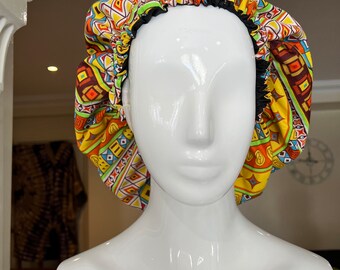 Multi-coloured African Print Satin Lined Afro Hair Bonnet