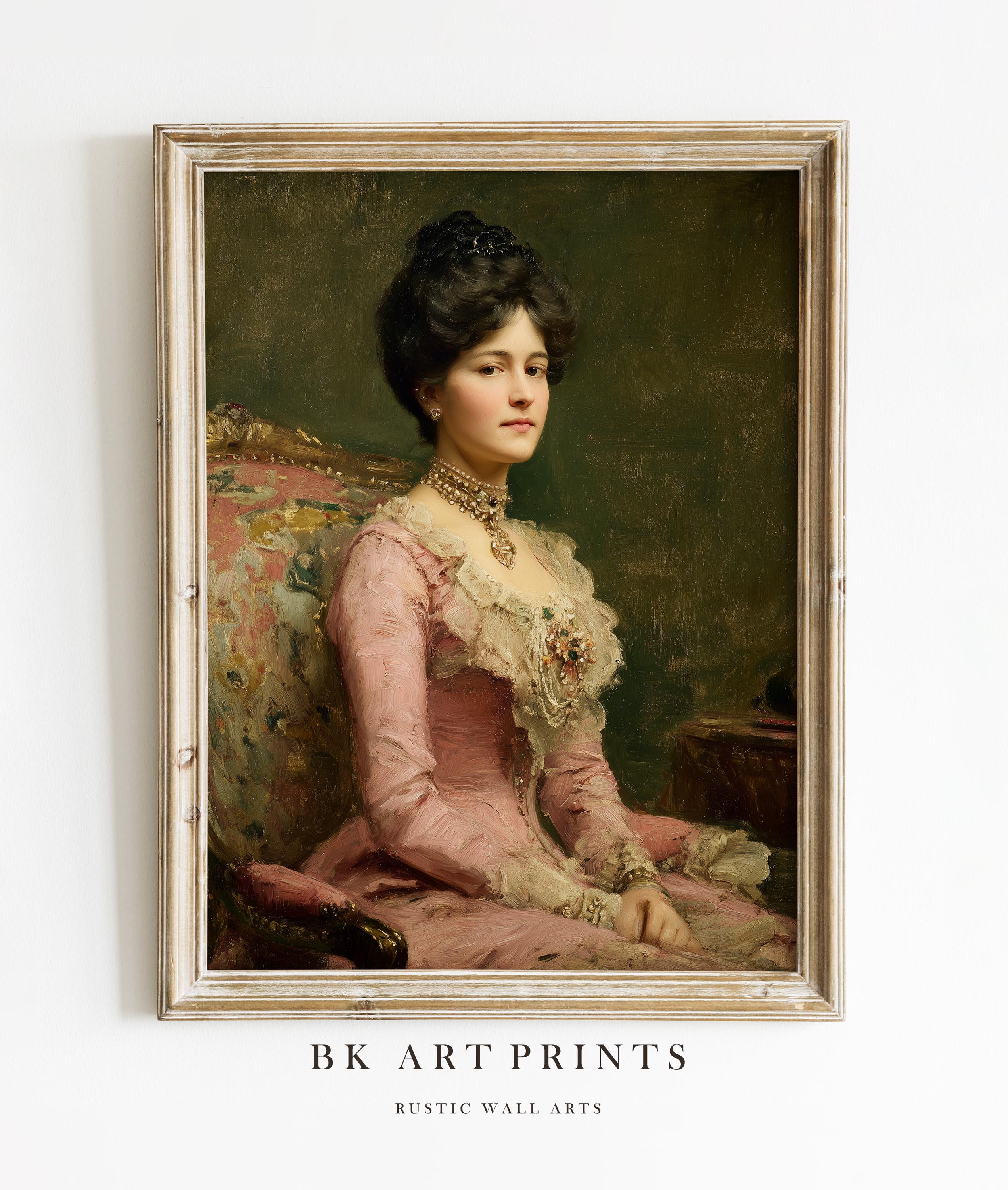Victorian Lady Portrait Print, Antique Pink Dress Oil Painting, Classic ...