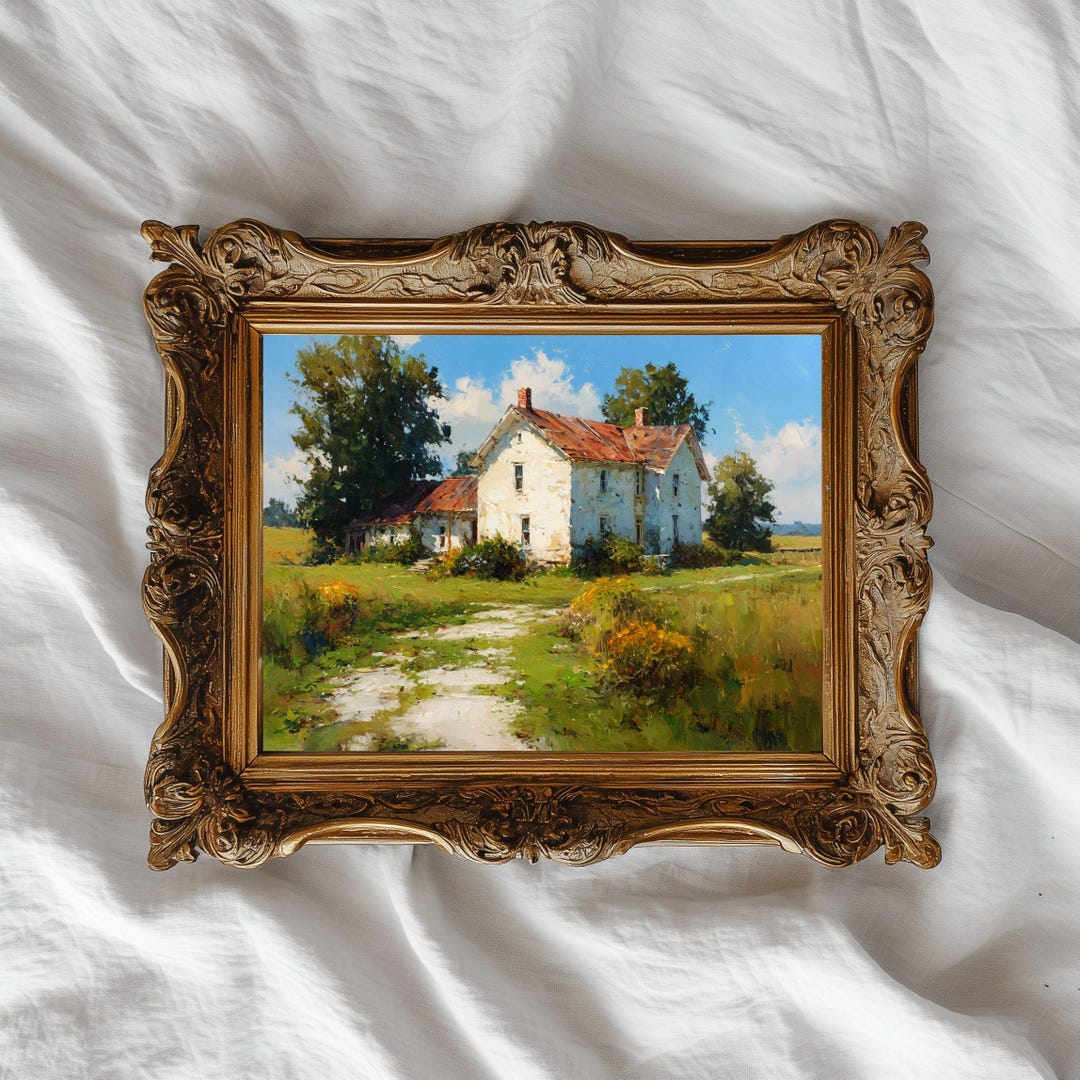 Vintage Farmhouse Landscape Oil Painting - Rustic Country Home Wall Art ...
