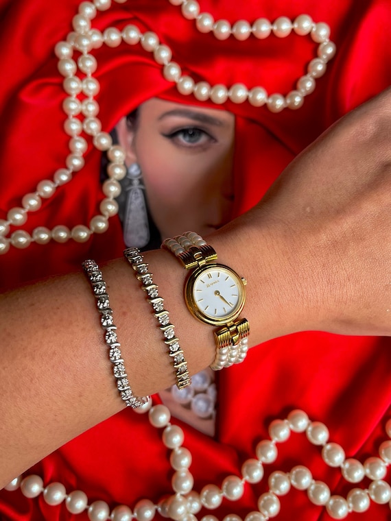 Vintage Majorica Faux Pearl 18K Gold Electroplated Bracelet Watch Etsy