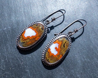 Sterling silver seam agate earrings fall colors autumn style handmade jewelry