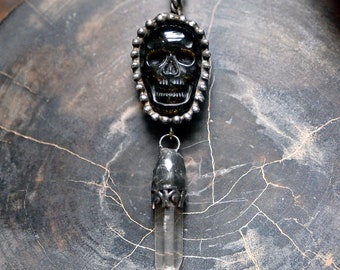 Skull Necklace Obsidian Skull Pendant Clear Quartz Halloween Necklace Day of the Dead  Skull Bead Necklace Skeleton Creepy Skull Jewelry