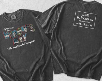 Greetings From Widow's Bay Two Sided Shirt, R Warren Homestead Museum Tee, Martha's Vineyard Mystery Town Graphic T Shirt