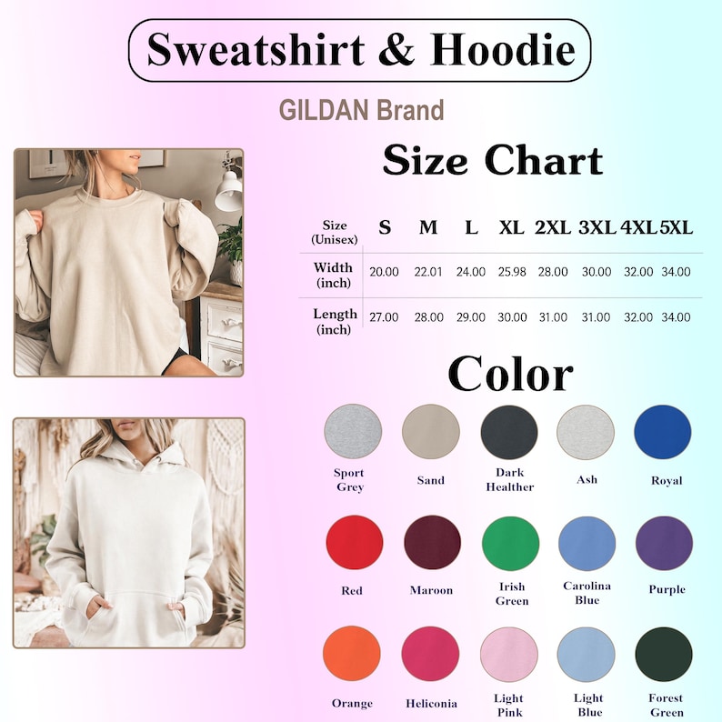 May include: A Gildan brand size chart for sweatshirts and hoodies, featuring a table with width and length measurements in inches for sizes S to 5XL, and a color palette display showing fifteen distinct color options with their respective names.